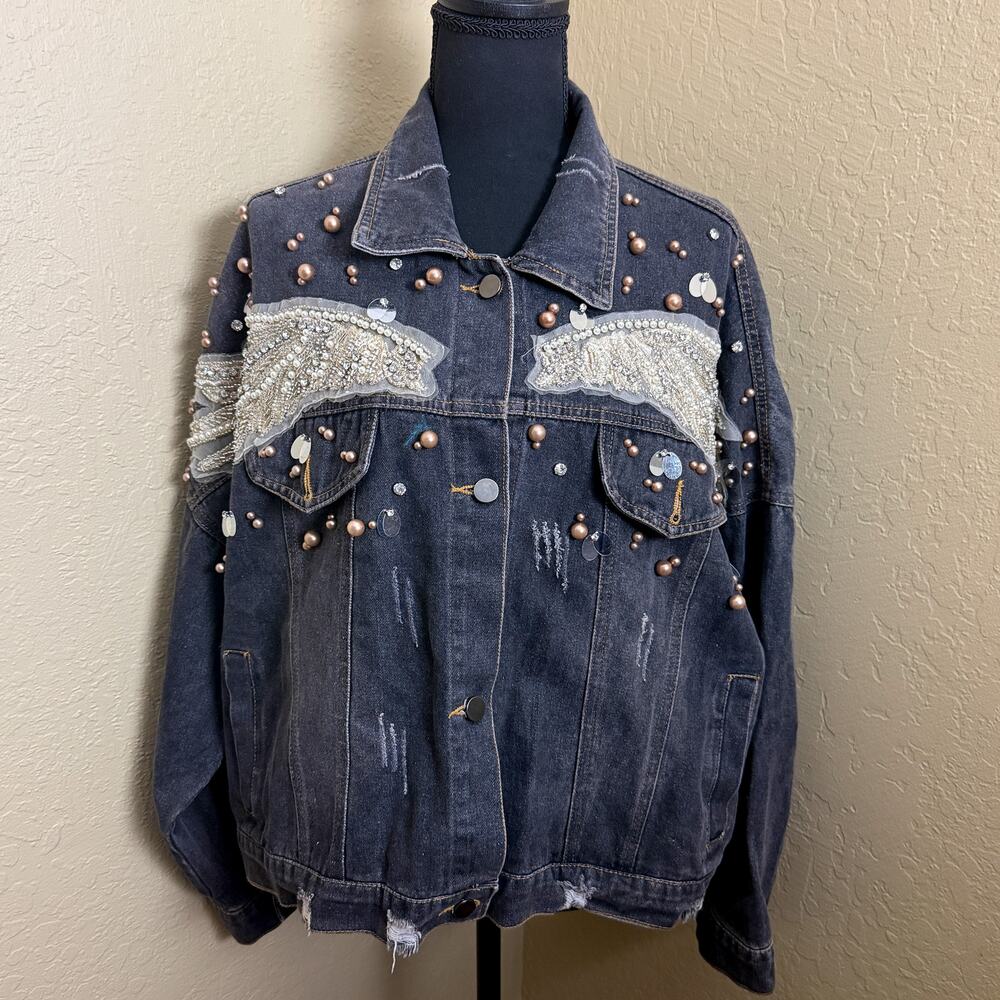 Blue B Angel Wing Denim Jacket M/L Black Beaded Pearl Sequin Western Distressed